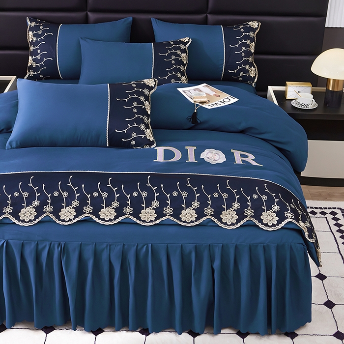 91家纺网 家纺一手货源 找家纺 沐珩家纺 2026新款亲肤磨毛蕾丝刺绣床裙四件套-蒂欧系列 蒂欧-宾利蓝