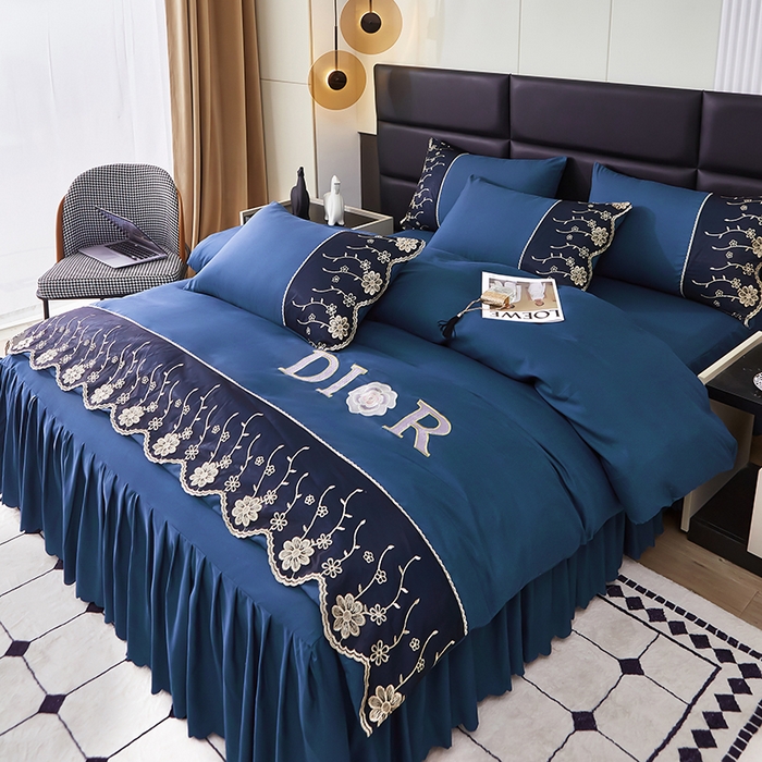 91家纺网 家纺一手货源 找家纺 沐珩家纺 2026新款亲肤磨毛蕾丝刺绣床裙四件套-蒂欧系列 蒂欧-宾利蓝