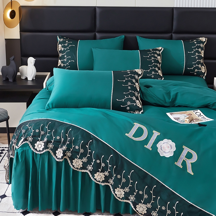 91家纺网 家纺一手货源 找家纺 沐珩家纺 2026新款亲肤磨毛蕾丝刺绣床裙四件套-蒂欧系列 蒂欧-海藻绿