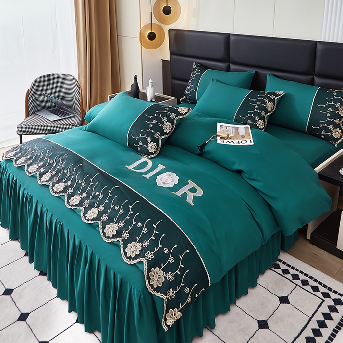 91家纺网 家纺一手货源 找家纺 沐珩家纺 2026新款亲肤磨毛蕾丝刺绣床裙四件套-蒂欧系列 蒂欧-海藻绿