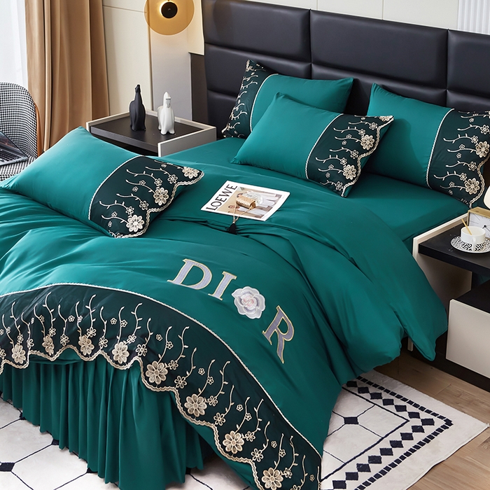 91家纺网 家纺一手货源 找家纺 沐珩家纺 2026新款亲肤磨毛蕾丝刺绣床裙四件套-蒂欧系列 蒂欧-海藻绿