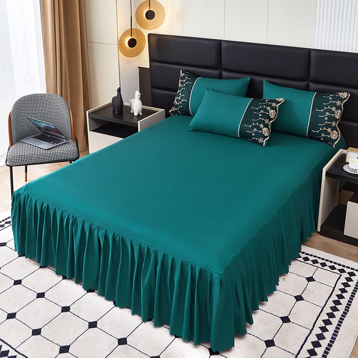 91家纺网 家纺一手货源 找家纺 沐珩家纺 2026新款亲肤磨毛蕾丝刺绣床裙四件套-蒂欧系列 蒂欧-海藻绿