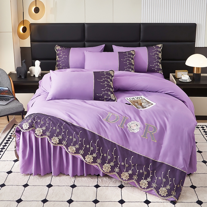 沐珩家纺 2026新款亲肤磨毛蕾丝刺绣床裙四件套-蒂欧系列 蒂欧-江南紫