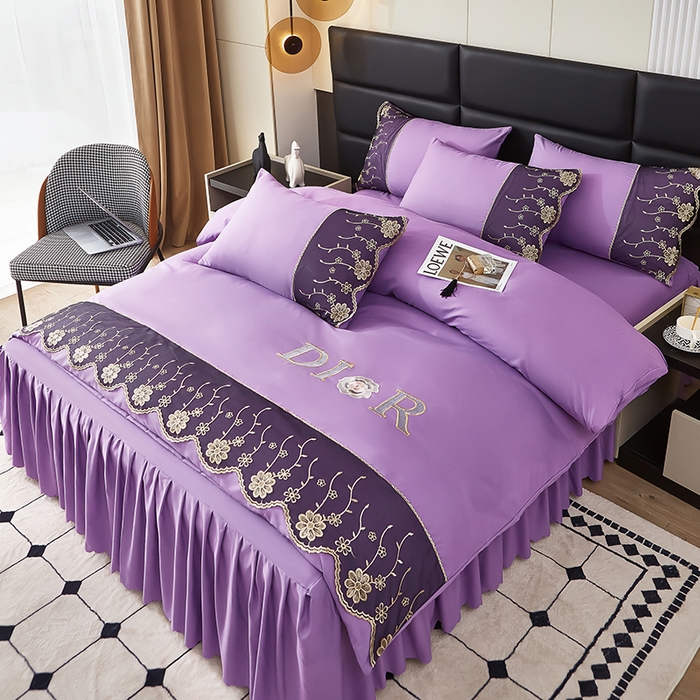 91家纺网 家纺一手货源 找家纺 沐珩家纺 2026新款亲肤磨毛蕾丝刺绣床裙四件套-蒂欧系列 蒂欧-江南紫