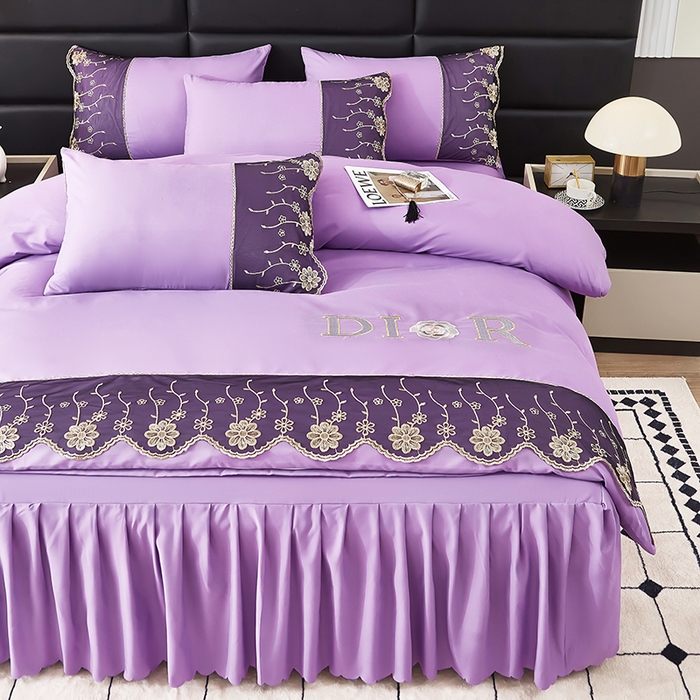 91家纺网 家纺一手货源 找家纺 沐珩家纺 2026新款亲肤磨毛蕾丝刺绣床裙四件套-蒂欧系列 蒂欧-江南紫