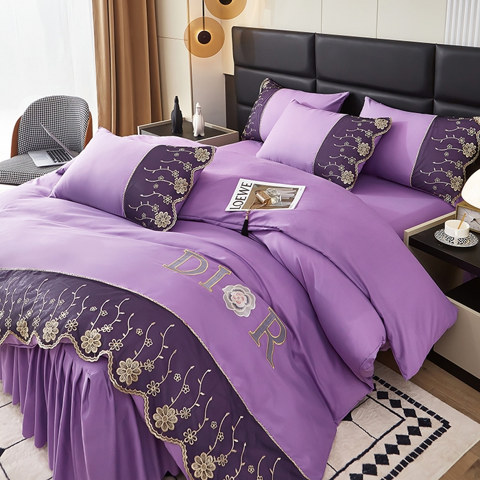 91家纺网 家纺一手货源 找家纺 沐珩家纺 2026新款亲肤磨毛蕾丝刺绣床裙四件套-蒂欧系列 蒂欧-江南紫