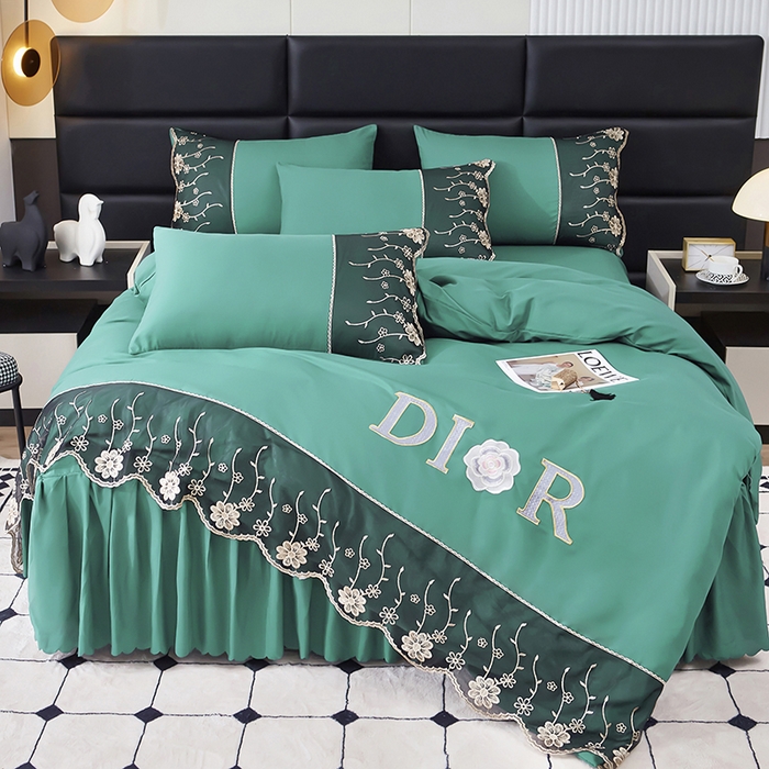 沐珩家纺 2026新款亲肤磨毛蕾丝刺绣床裙四件套-蒂欧系列 蒂欧-雅致绿