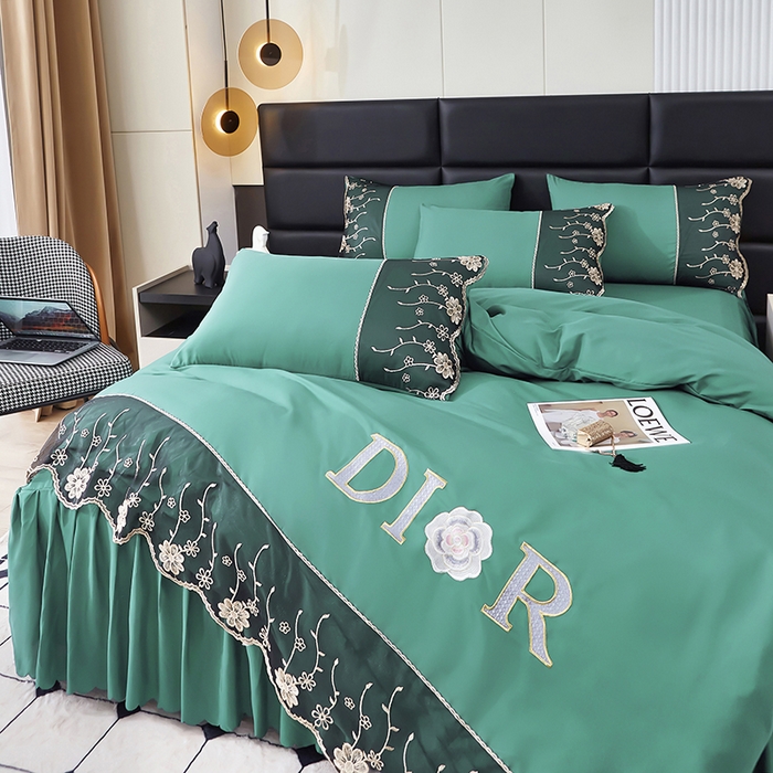 91家纺网 家纺一手货源 找家纺 沐珩家纺 2026新款亲肤磨毛蕾丝刺绣床裙四件套-蒂欧系列 蒂欧-雅致绿