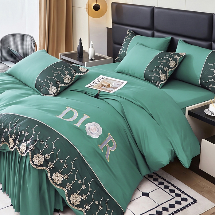91家纺网 家纺一手货源 找家纺 沐珩家纺 2026新款亲肤磨毛蕾丝刺绣床裙四件套-蒂欧系列 蒂欧-雅致绿