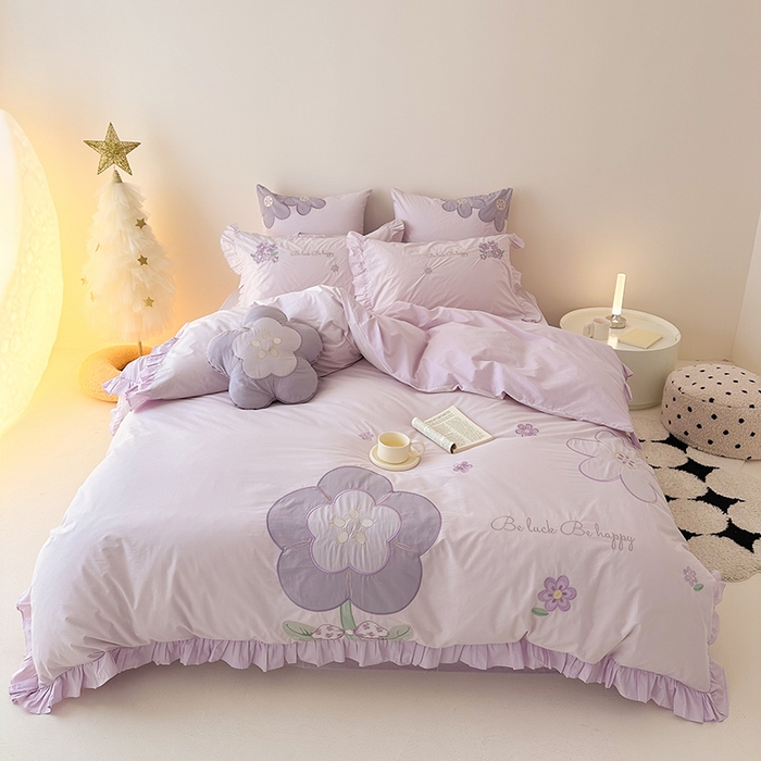 绒梦里 2026新款A类全棉水洗棉贴布绣韩版花边四件套 幸运花儿-浪漫紫