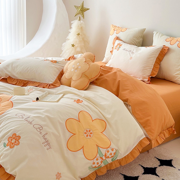 91家纺网 家纺一手货源 找家纺 绒梦里 2026新款A类全棉水洗棉贴布绣韩版花边四件套 幸运花儿-暖橙