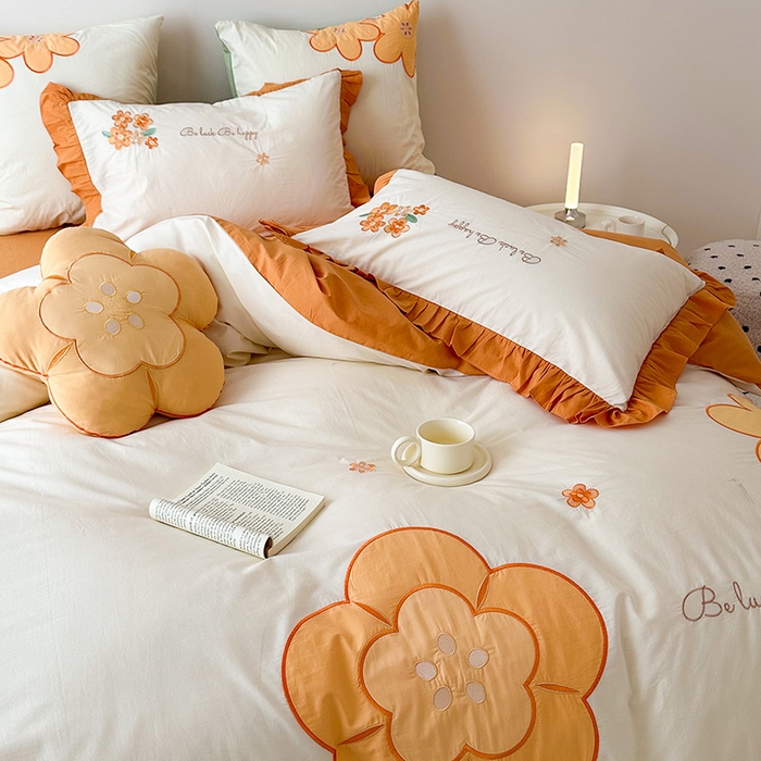 91家纺网 家纺一手货源 找家纺 绒梦里 2026新款A类全棉水洗棉贴布绣韩版花边四件套 幸运花儿-暖橙