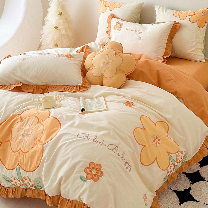 91家纺网 家纺一手货源 找家纺 绒梦里 2026新款A类全棉水洗棉贴布绣韩版花边四件套 幸运花儿-暖橙