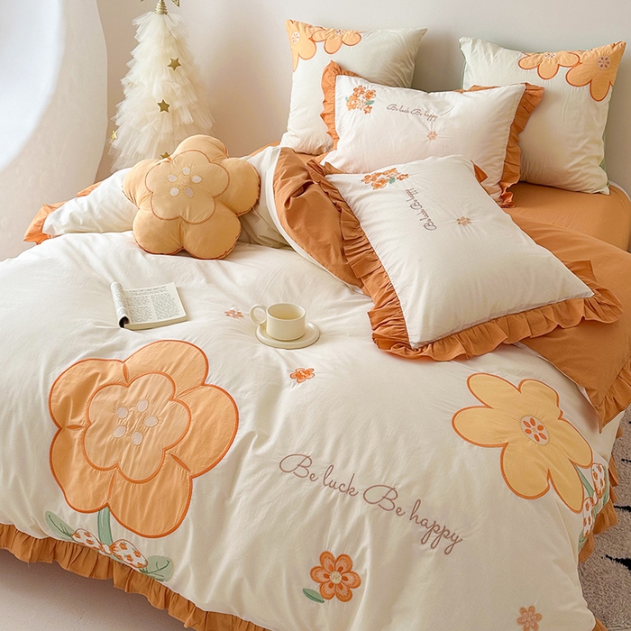 91家纺网 家纺一手货源 找家纺 绒梦里 2026新款A类全棉水洗棉贴布绣韩版花边四件套 幸运花儿-暖橙