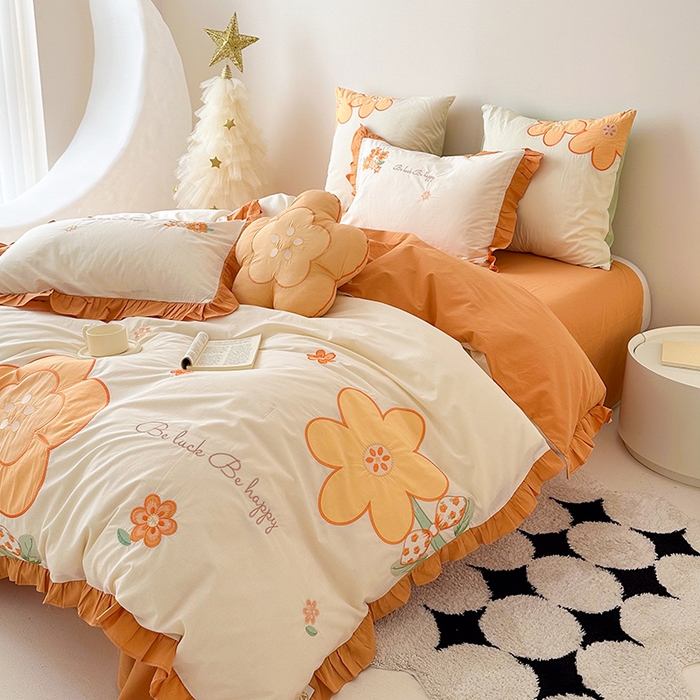 91家纺网 家纺一手货源 找家纺 绒梦里 2026新款A类全棉水洗棉贴布绣韩版花边四件套 幸运花儿-暖橙