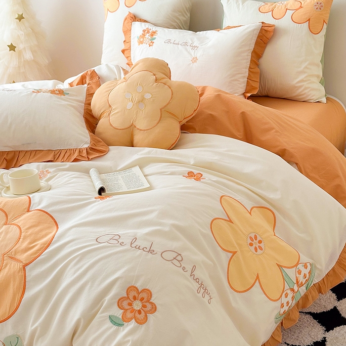 91家纺网 家纺一手货源 找家纺 绒梦里 2026新款A类全棉水洗棉贴布绣韩版花边四件套 幸运花儿-暖橙