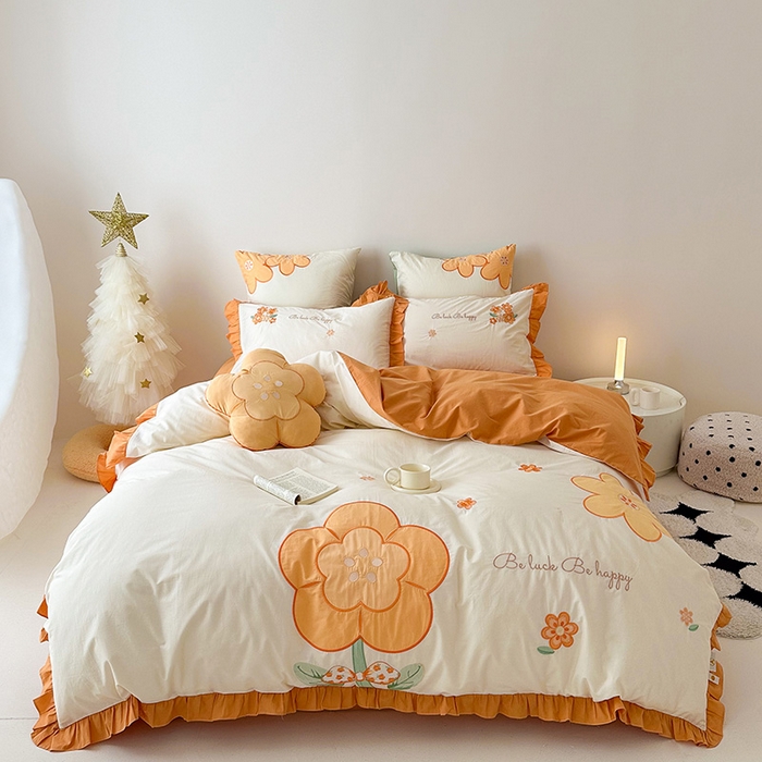 绒梦里 2026新款A类全棉水洗棉贴布绣韩版花边四件套 幸运花儿-暖橙