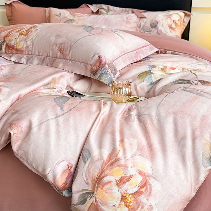 91家纺网 家纺一手货源 找家纺 帛美家纺 2026新款天丝棉数码印花四件套 荷露韵