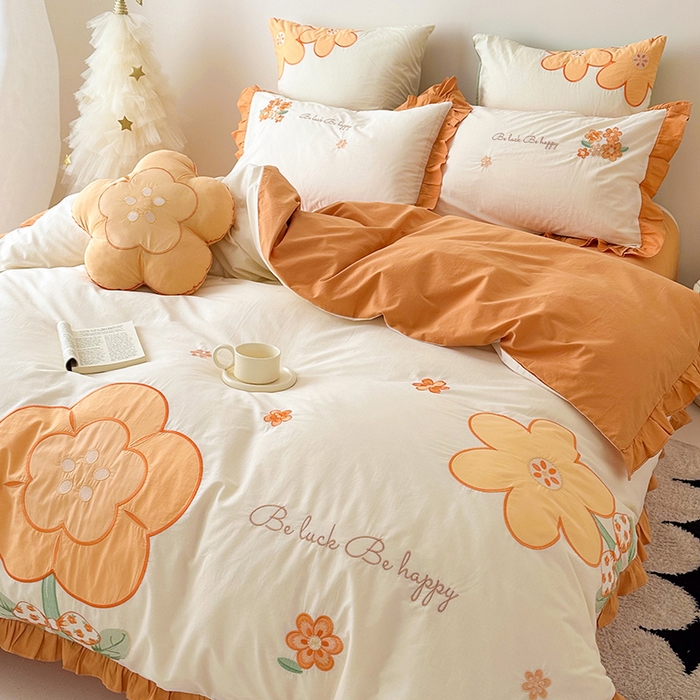 91家纺网 家纺一手货源 找家纺 绒梦里 2026新款A类全棉水洗棉贴布绣韩版花边四件套 幸运花儿-暖橙