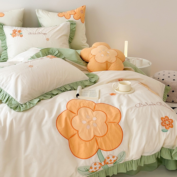 91家纺网 家纺一手货源 找家纺 绒梦里 2026新款A类全棉水洗棉贴布绣韩版花边四件套 幸运花儿-青春绿