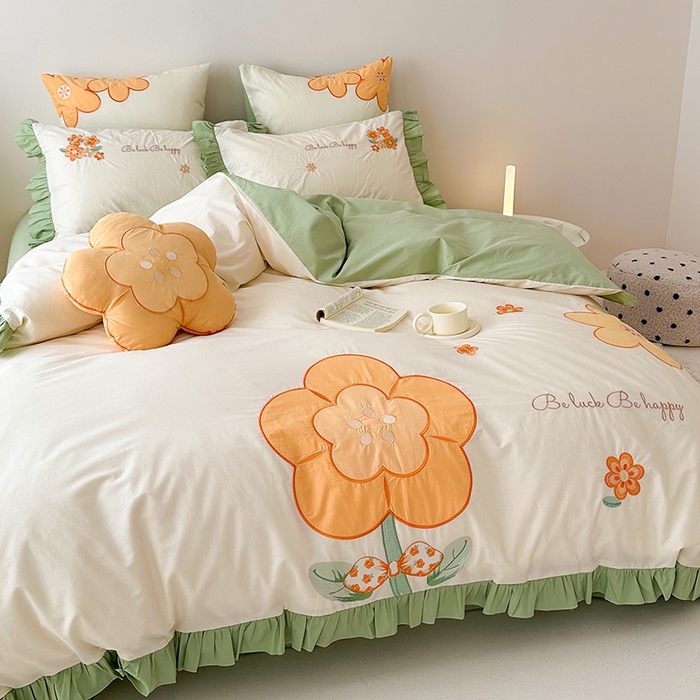 91家纺网 家纺一手货源 找家纺 绒梦里 2026新款A类全棉水洗棉贴布绣韩版花边四件套 幸运花儿-青春绿