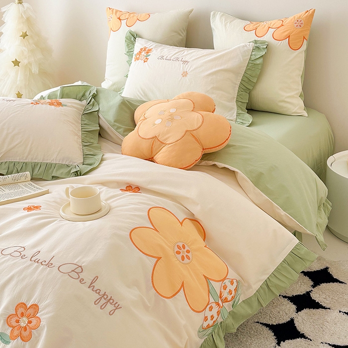 91家纺网 家纺一手货源 找家纺 绒梦里 2026新款A类全棉水洗棉贴布绣韩版花边四件套 幸运花儿-青春绿