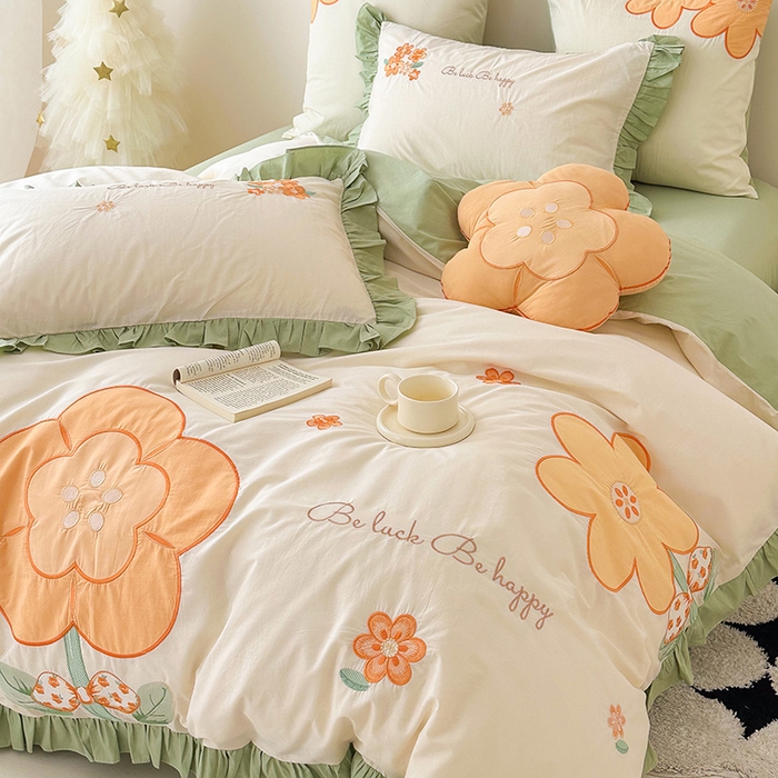 91家纺网 家纺一手货源 找家纺 绒梦里 2026新款A类全棉水洗棉贴布绣韩版花边四件套 幸运花儿-青春绿