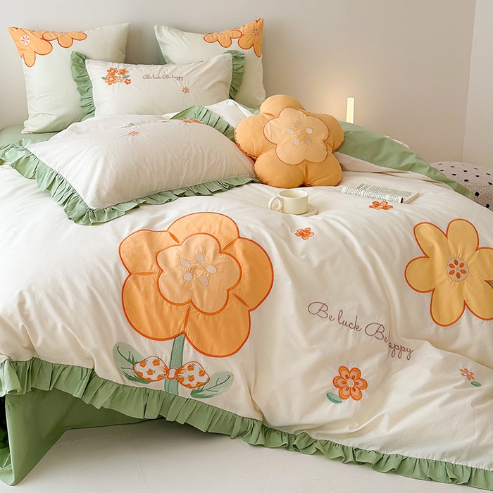 91家纺网 家纺一手货源 找家纺 绒梦里 2026新款A类全棉水洗棉贴布绣韩版花边四件套 幸运花儿-青春绿