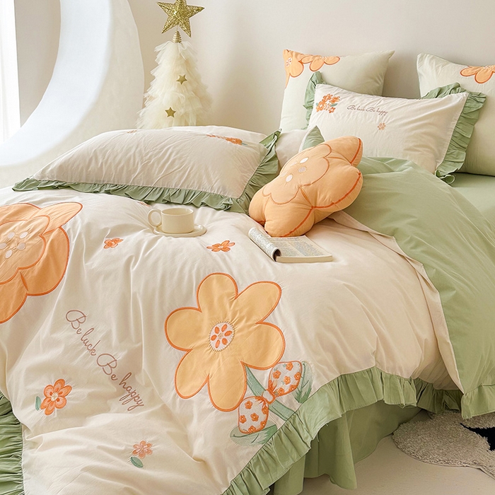 91家纺网 家纺一手货源 找家纺 绒梦里 2026新款A类全棉水洗棉贴布绣韩版花边四件套 幸运花儿-青春绿