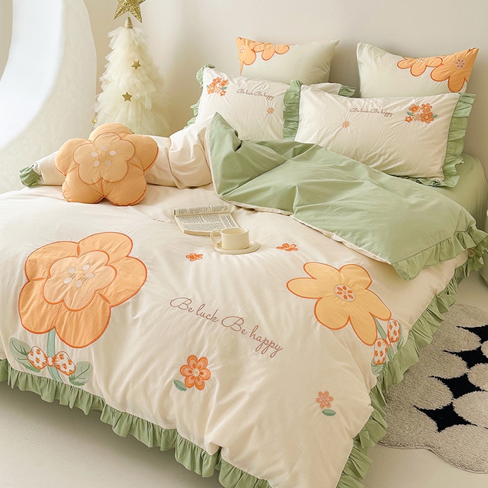 91家纺网 家纺一手货源 找家纺 绒梦里 2026新款A类全棉水洗棉贴布绣韩版花边四件套 幸运花儿-青春绿