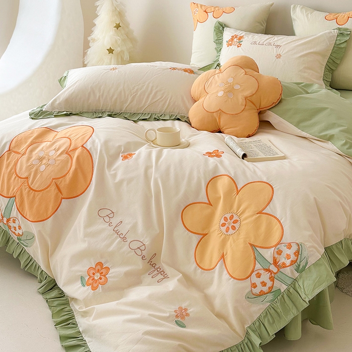 91家纺网 家纺一手货源 找家纺 绒梦里 2026新款A类全棉水洗棉贴布绣韩版花边四件套 幸运花儿-青春绿