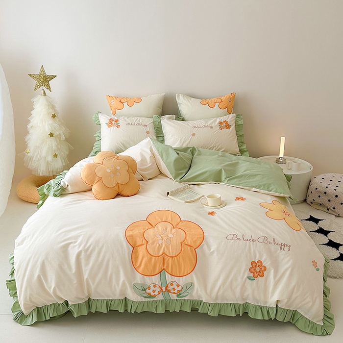 绒梦里 2026新款A类全棉水洗棉贴布绣韩版花边四件套 幸运花儿-青春绿