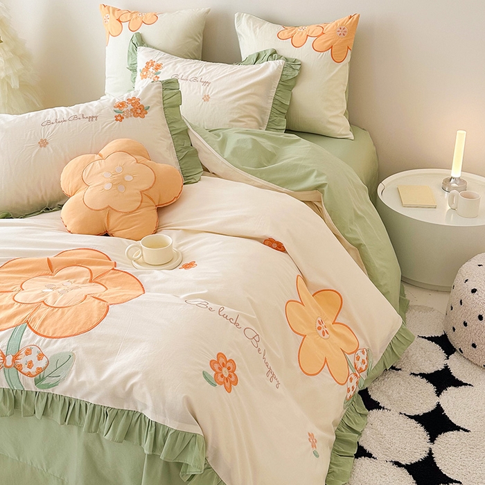 91家纺网 家纺一手货源 找家纺 绒梦里 2026新款A类全棉水洗棉贴布绣韩版花边四件套 幸运花儿-青春绿