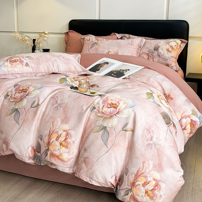 91家纺网 家纺一手货源 找家纺 帛美家纺 2026新款天丝棉数码印花四件套 荷露韵