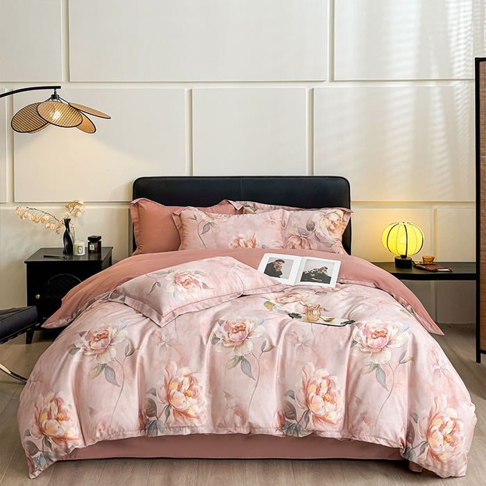 91家纺网 家纺一手货源 找家纺 帛美家纺 2026新款天丝棉数码印花四件套 荷露韵