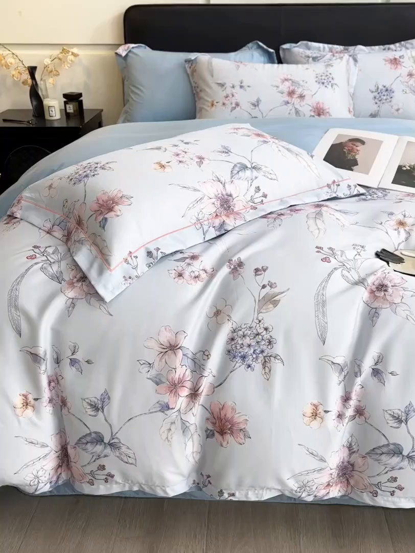 91家纺网 家纺一手货源 找家纺 帛美家纺 2026新款天丝棉数码印花四件套 花拾