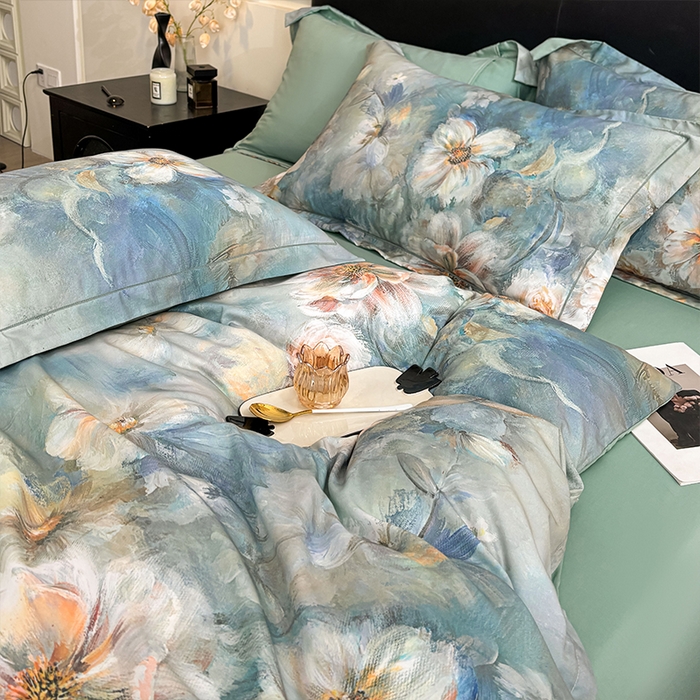 91家纺网 家纺一手货源 找家纺 帛美家纺 2026新款天丝棉数码印花四件套 花漾时光