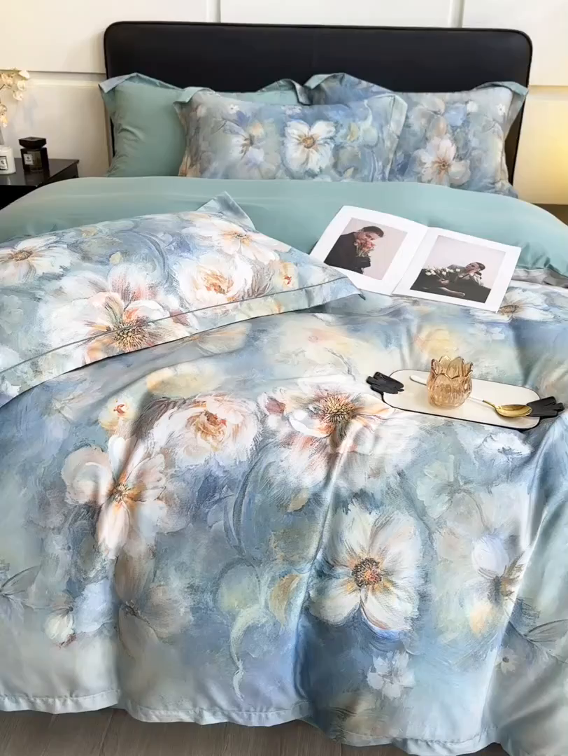 91家纺网 家纺一手货源 找家纺 帛美家纺 2026新款天丝棉数码印花四件套 花漾时光