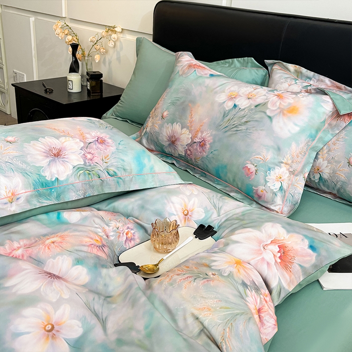 91家纺网 家纺一手货源 找家纺 帛美家纺 2026新款天丝棉数码印花四件套 牡丹国色-绿