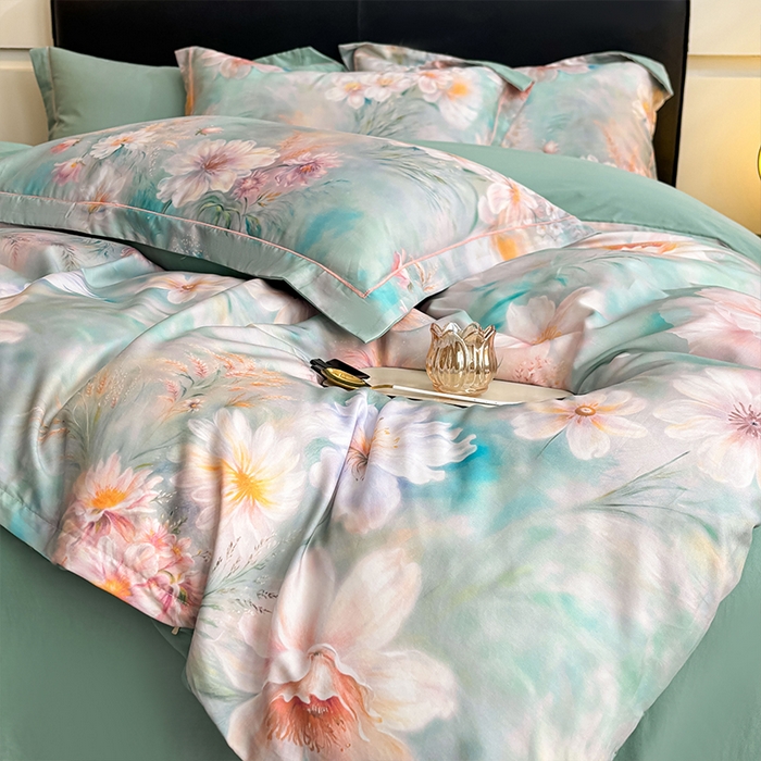 91家纺网 家纺一手货源 找家纺 帛美家纺 2026新款天丝棉数码印花四件套 牡丹国色-绿