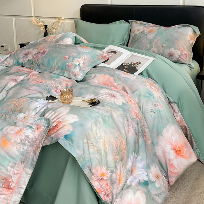 91家纺网 家纺一手货源 找家纺 帛美家纺 2026新款天丝棉数码印花四件套 牡丹国色-绿