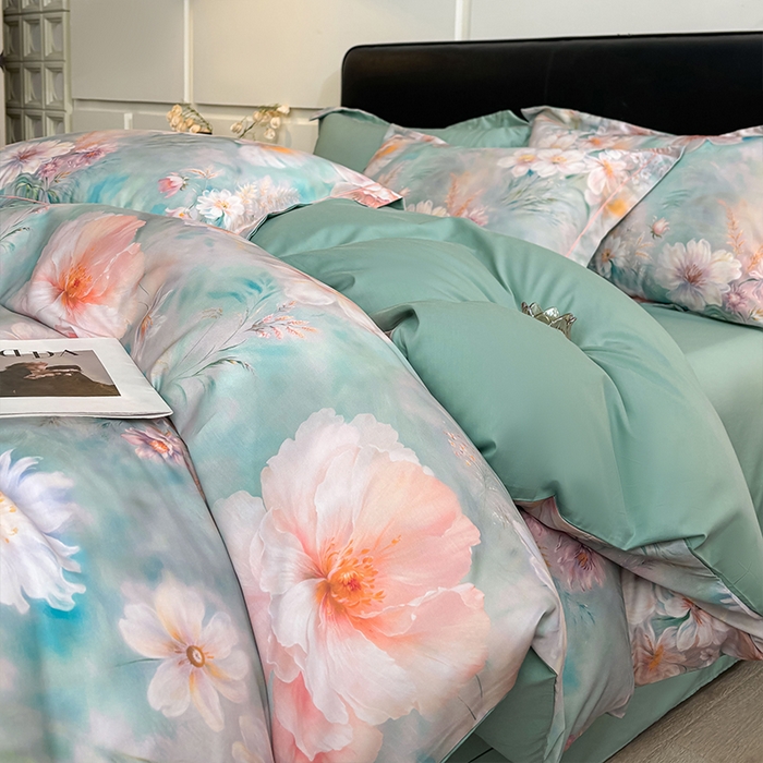 91家纺网 家纺一手货源 找家纺 帛美家纺 2026新款天丝棉数码印花四件套 牡丹国色-绿