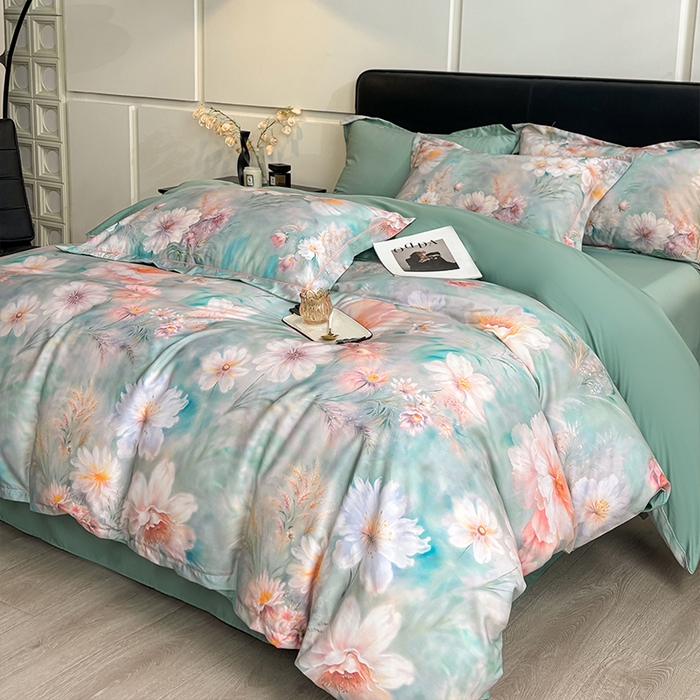 91家纺网 家纺一手货源 找家纺 帛美家纺 2026新款天丝棉数码印花四件套 牡丹国色-绿