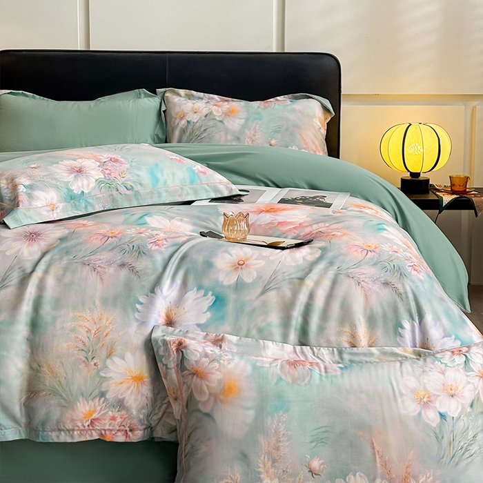 91家纺网 家纺一手货源 找家纺 帛美家纺 2026新款天丝棉数码印花四件套 牡丹国色-绿