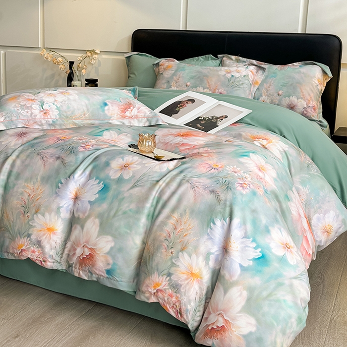 91家纺网 家纺一手货源 找家纺 帛美家纺 2026新款天丝棉数码印花四件套 牡丹国色-绿