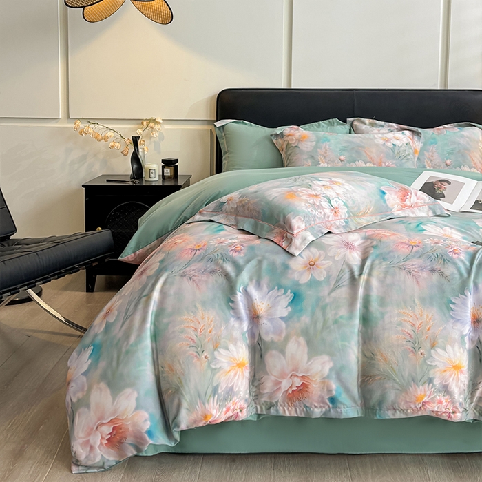 91家纺网 家纺一手货源 找家纺 帛美家纺 2026新款天丝棉数码印花四件套 牡丹国色-绿