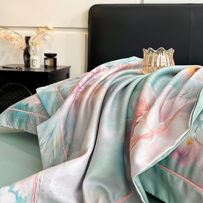 91家纺网 家纺一手货源 找家纺 帛美家纺 2026新款天丝棉数码印花四件套 牡丹国色-绿