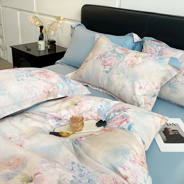 91家纺网 家纺一手货源 找家纺 帛美家纺 2026新款天丝棉数码印花四件套 云瑾木兰