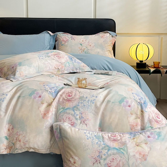 91家纺网 家纺一手货源 找家纺 帛美家纺 2026新款天丝棉数码印花四件套 云瑾木兰