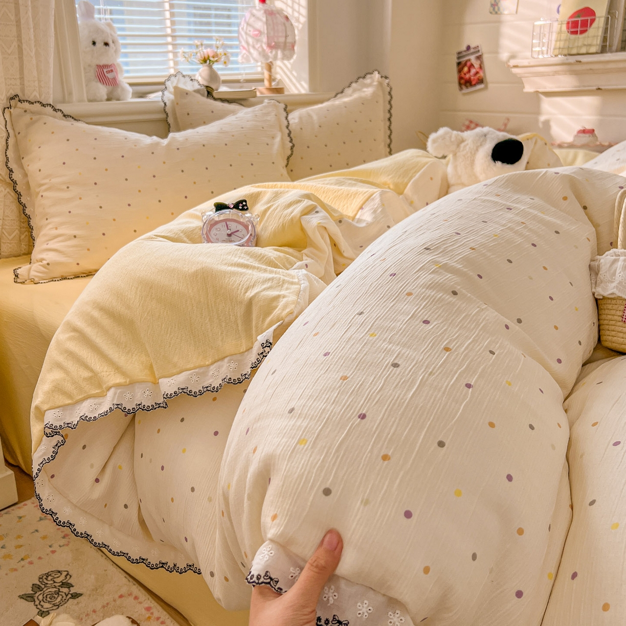 晚爱家纺（原晚安家居） 2026新款蕾丝刺绣花边韩版少女公主风三层纱四件套 彩波波